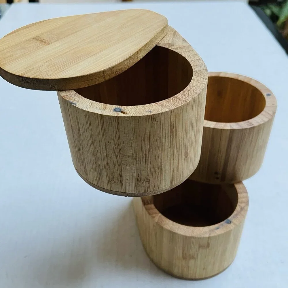 Bamboo 3 Level Salt Seasoning Storage Box Jewelry Case Organizer Office Decor